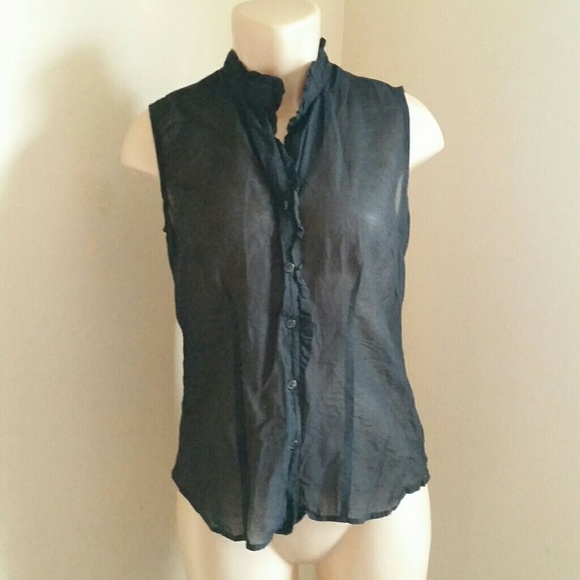 Translucent Sleeveless Black Collared Button Down - Picture 2 of 8